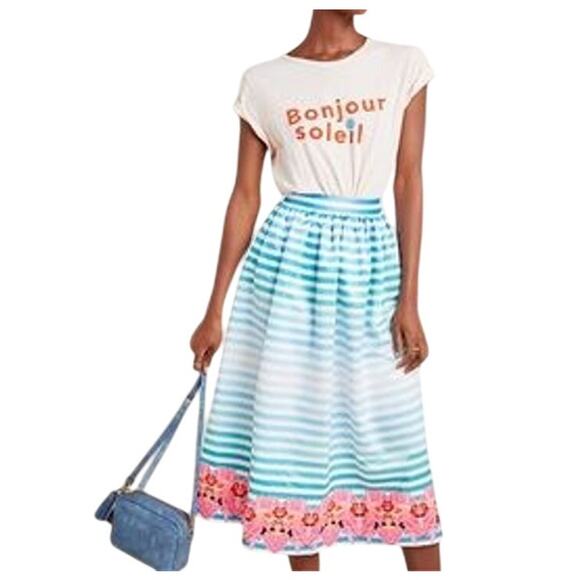 MANISH ARORA ANTHROPOLOGIE Seraphina Striped Midi Skirt Satin Teal Blue NWT 0 - Picture 1 of 9